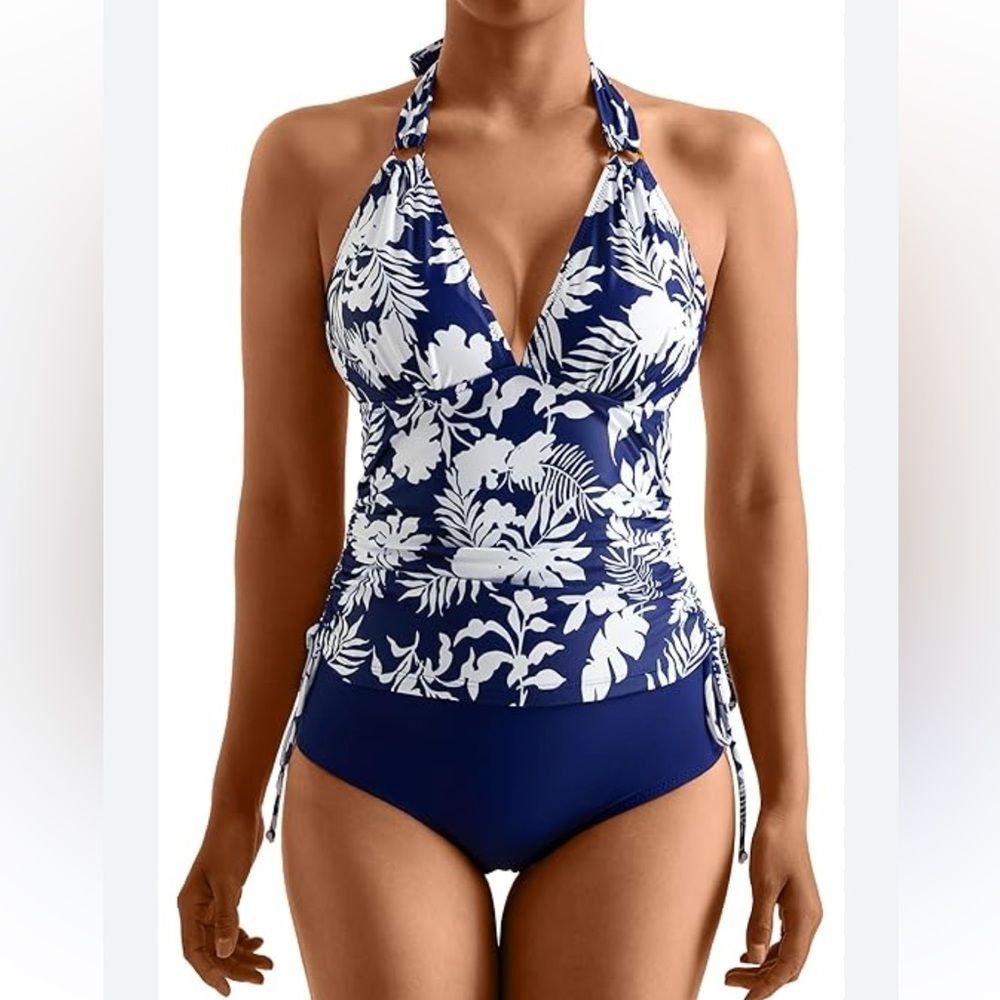 Amazon Women's Floral Two Piece Tankini Swimsuit NWT Size Medium Navy White